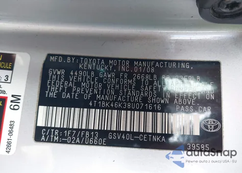 2008 Toyota Camry Le V6 from USA, damaged, VIN 4T1BK46K38U071616